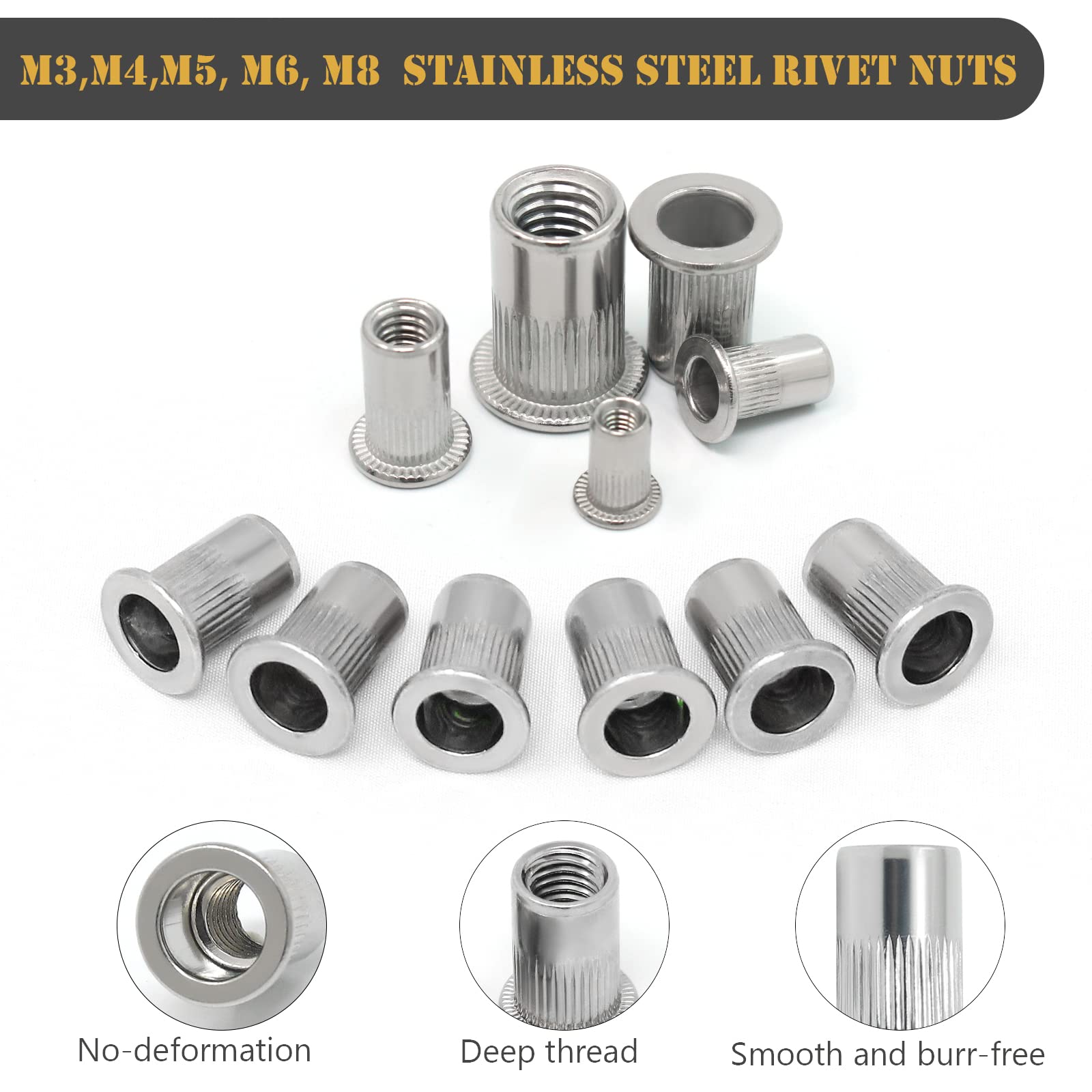 150 dadi rivetti in acciaio inox 304 M3 M4 M5 M6 M8, rivetti filettati, rivetti metrici, filettati Rive Nutsert Cap per il fissaggio di mobili, decorazioni artigianali