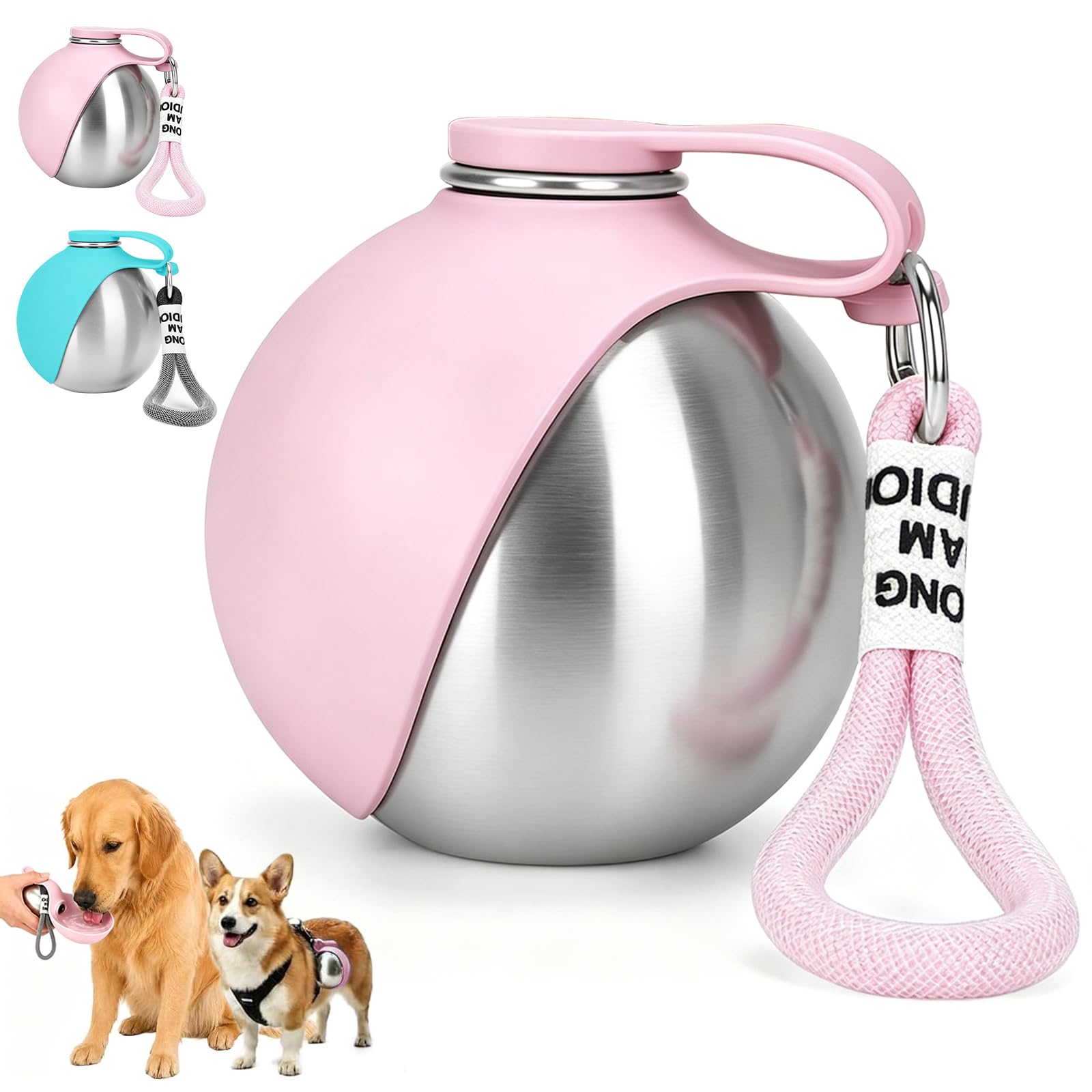 Foldable 2 in 1 Portable Dog Water Bottle, 285ml/10oz Stainless Steel Dog Travel Water Bottle, Leak-Resistant Travel Pet Water Dispenser with Foldable Silicone Bowl for Walking, Camping(pink)