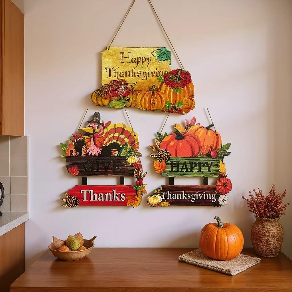 OperSeven 3 Pieces Thanksgiving Decoration Wooden Turkey Pumpkin Door Wreath for Front Door Sign Wall Signs Thanksgiving Pumpkin Front Door Hanger Turkey Wooden Door Decor for Thanksgiving Party Fall 1