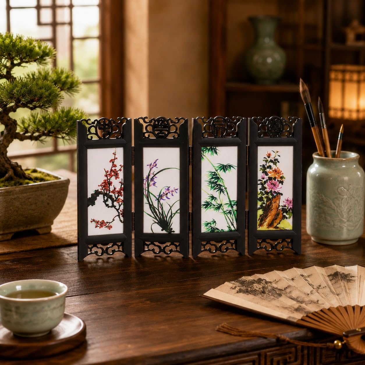 LUOZZY Chinese Mini Panel Divider Tabletop Folding Screen Tiny Room Scene | Small Folding Screen with Floral Theme for Desks, Shelves, Tea Tables, Miniature Scenes, and Asian Decor