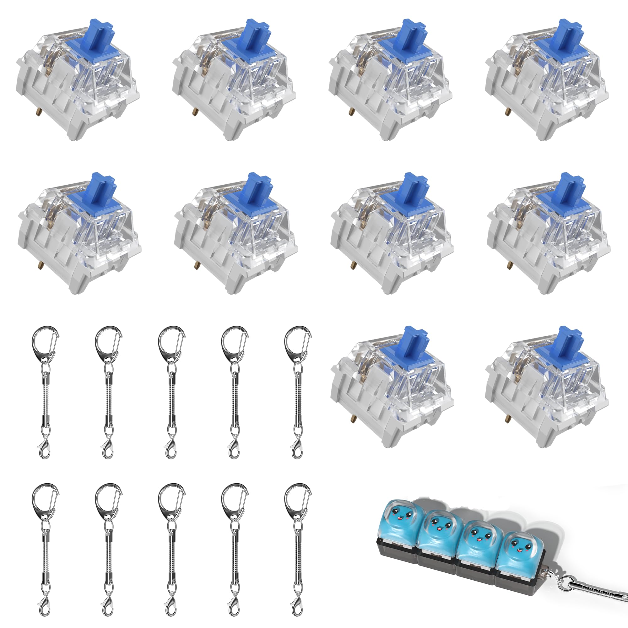 Zhouwang 200PCS Blue Click Switch,10Pcs Keychains,1Pcs Keyboard clicky Toy