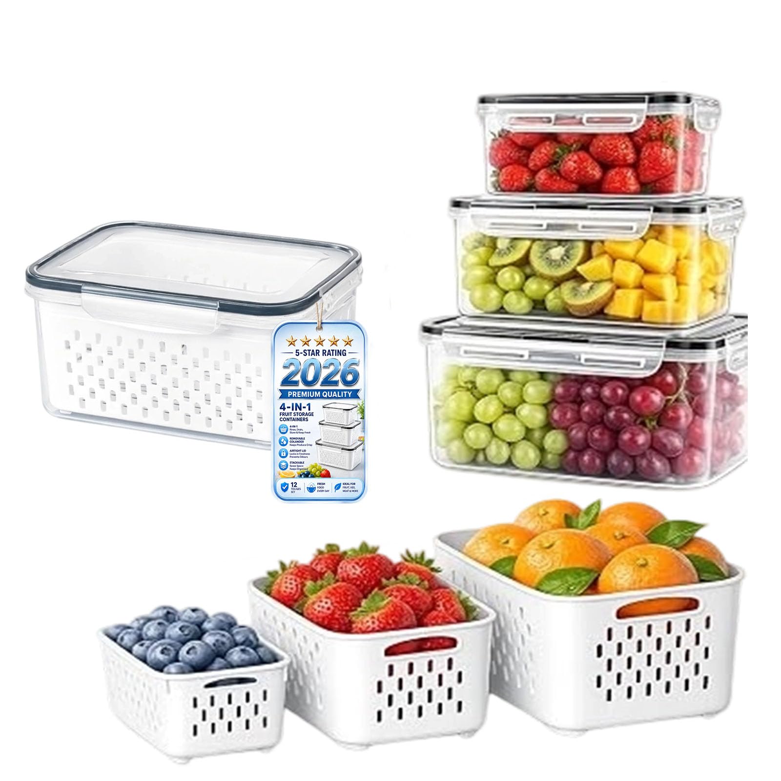 Tomtsucb 4-in-1 Fruit Storage Containers for Fridge, Berry Storage Containers with Removable Colander and Airtight Lid, Produce Keeper Drain Basket for Salad, Vegetables, Meat and Fresh Food (S,GREY)