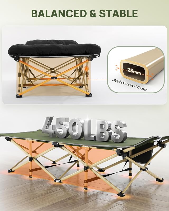 Sportneer Összecsukható Kemping Ágy Matraccal 71/81cm 204kg Terhelhetőség - Army Green + Black
