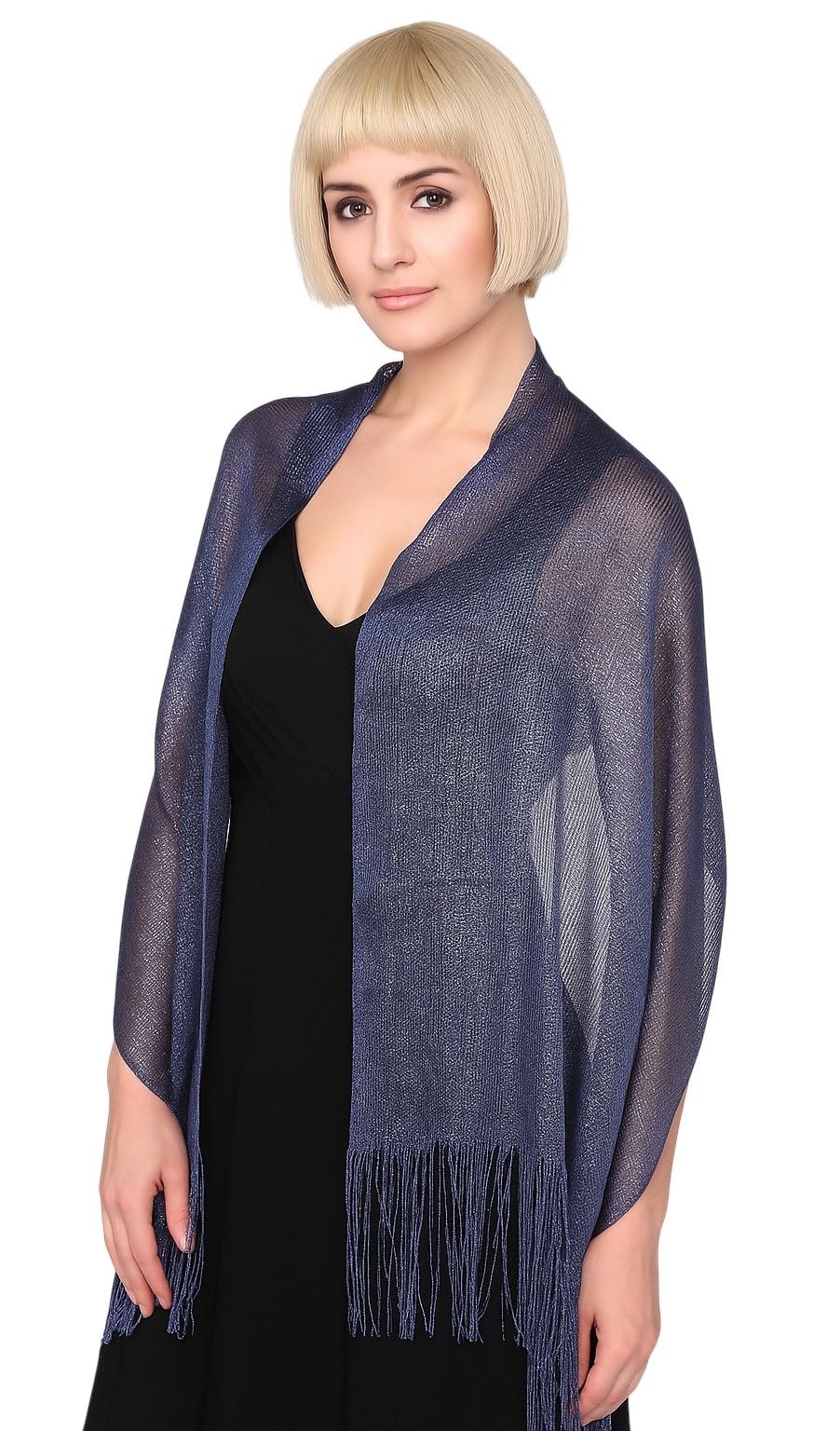 Mytoptrendz Fashion Accssories Sparkly Lurex Scarf with Fringe Womens Metallic Net Shawl Evening Wrap Mesh Shimmer Pashmina Wedding Bridesmaid Wrap Formal Dresses Cover-Up for Parties,Prom (Navy)