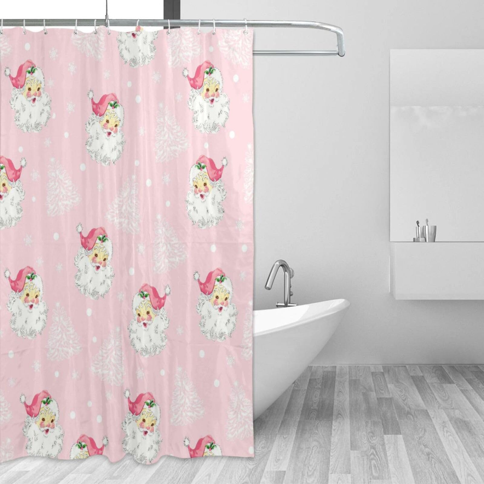 Newhomestyle Pink Christmas Santa Claus Shower Curtain, Xmas Tree Waterproof Quick Dry Bathtub Bath Curtain - Image 3
