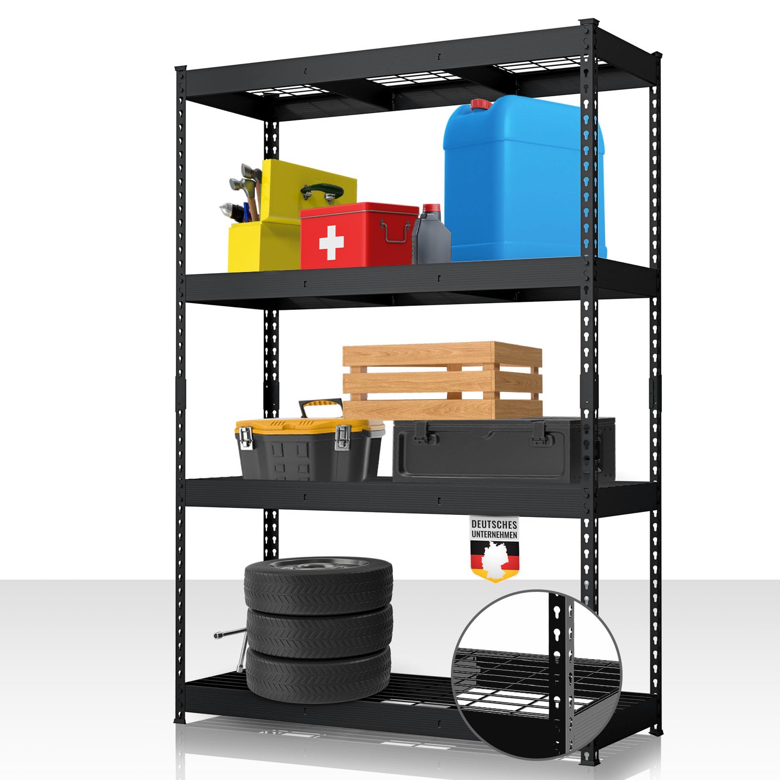 Floordirekt Heavy Duty Shelving Yukon Rivet 180 x 120 x 60 cm, 4 Tier Black | Steel Shelving Unit with Grid Shelves | 250-350 kg Load Capacity per Tier | Various Sizes & Colours