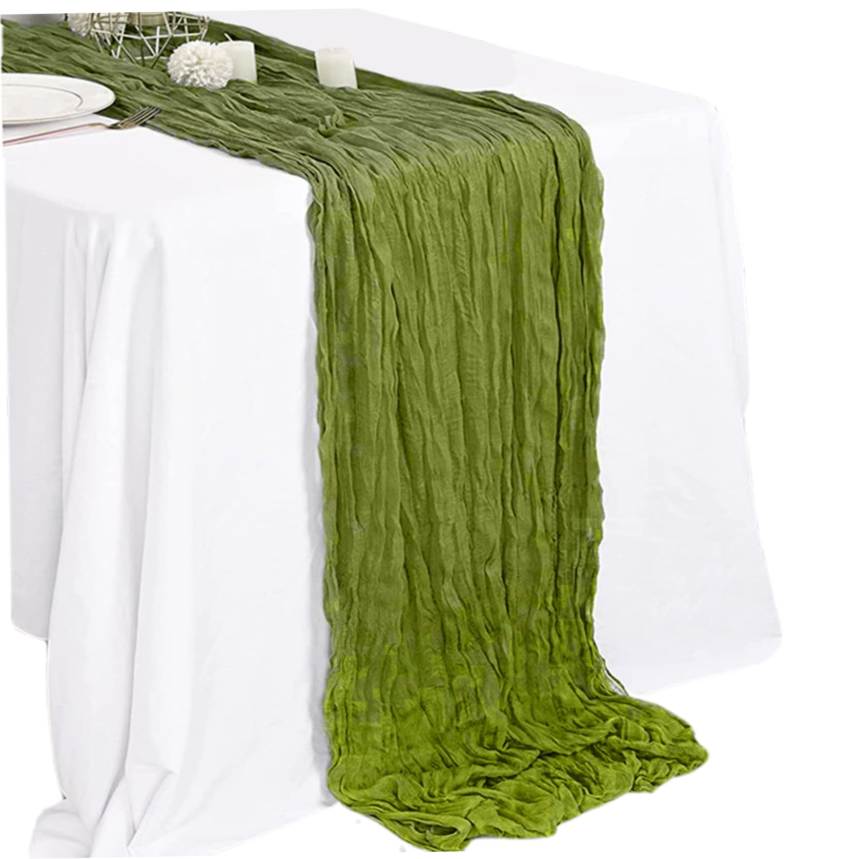 10ft Olive Green Cheesecloth Table Runner, Pleated Boho Gauze Runner for Wedding Bridal Baby Shower Party Decor and Green Table