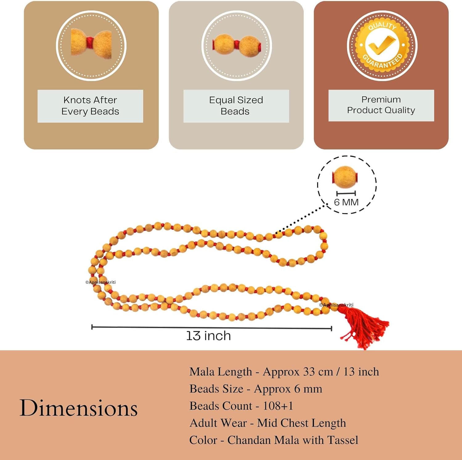 Apnisanskriti Laboratory Wood Rosary/Wood Mala 108 Beads (6Mm) - Light Brown Color - Wood - Pack Of 1