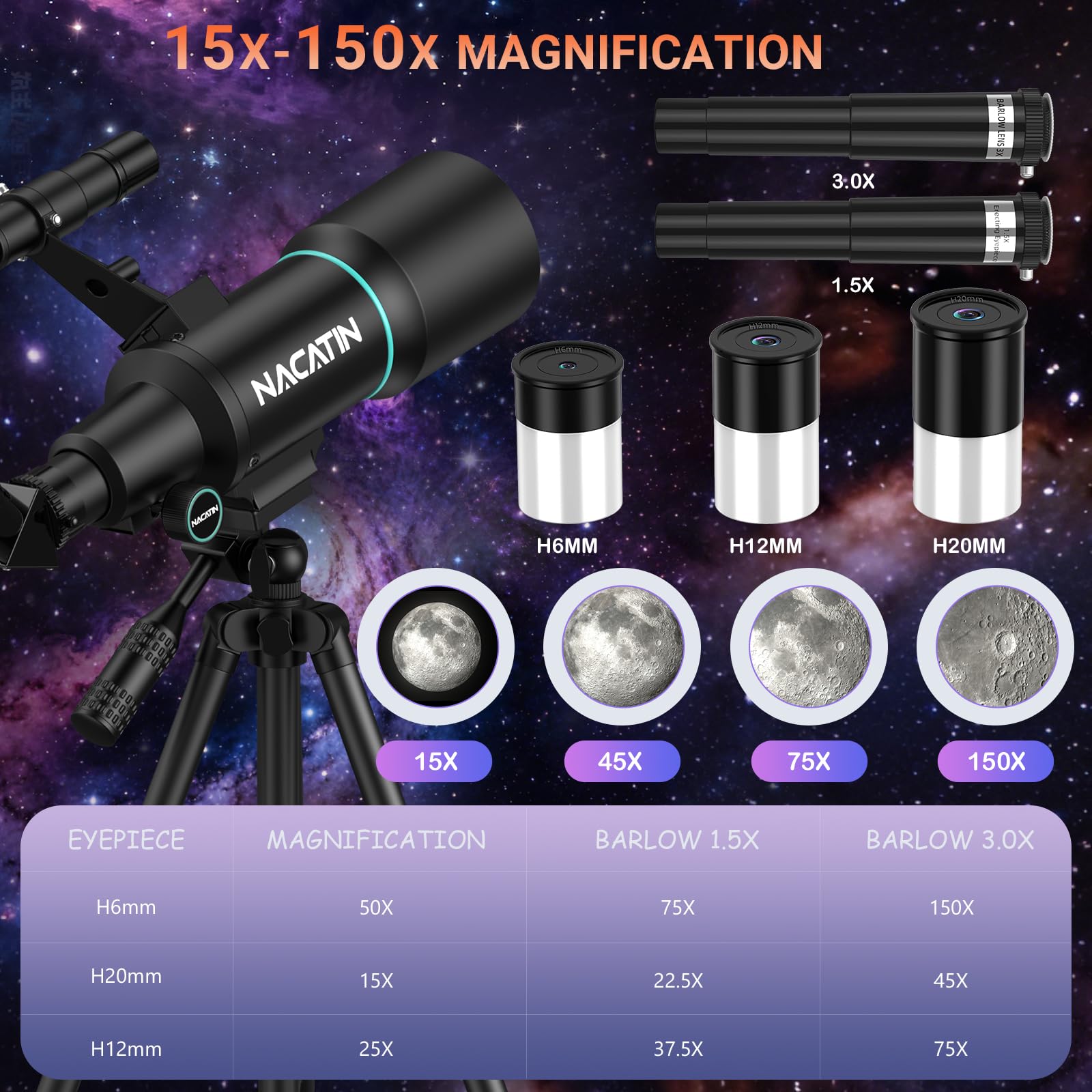 NACATIN - Telescopio para niños y principiantes, apertura de 70 mm, refractor astronómico, telescopio con trípode, adaptador de teléfono móvil, mando a distancia (negro)