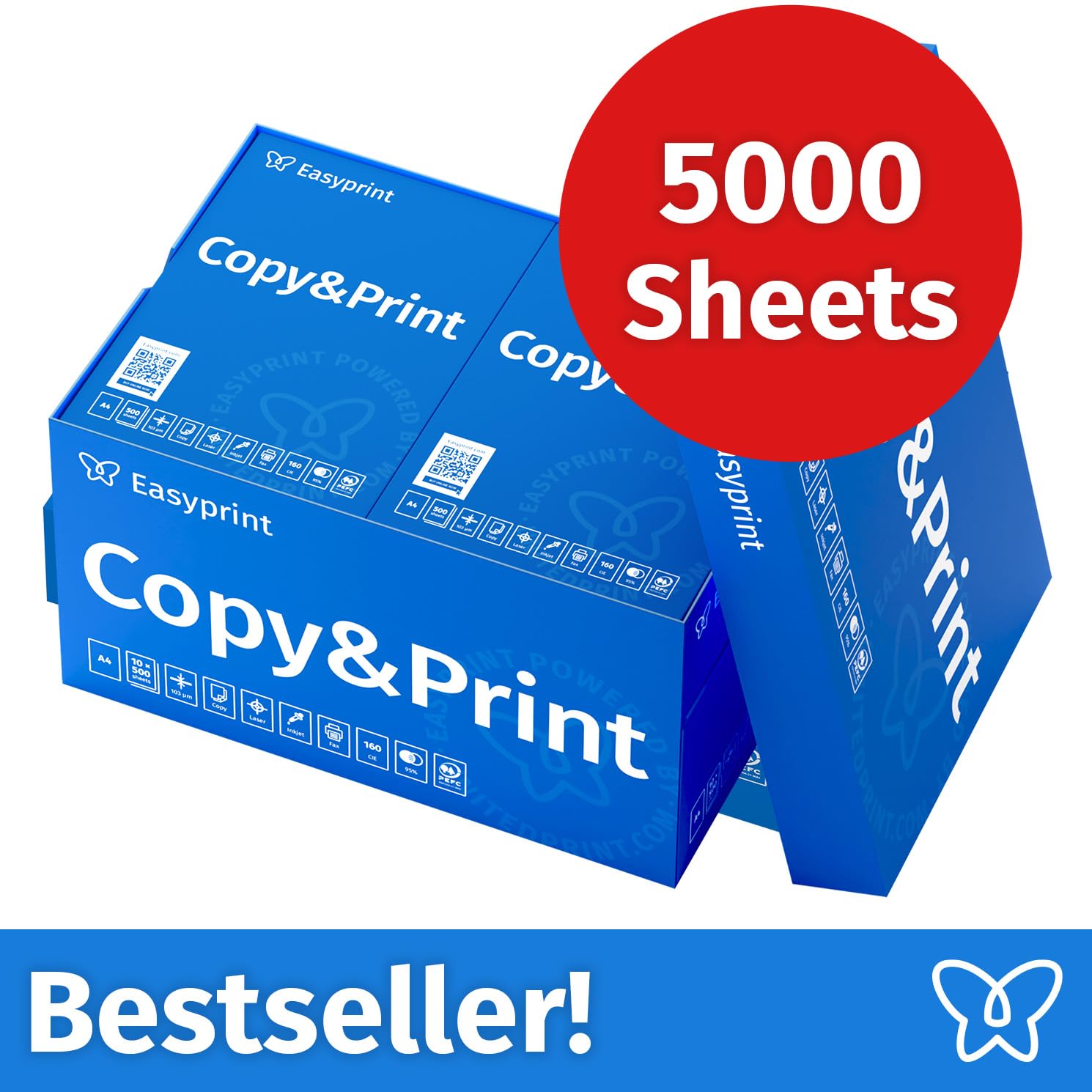 Easyprint - Papel para impresora (5000 hojas, 10 x 500 hojas, A4, color blanco brillante, CIE 160, PEFC)
