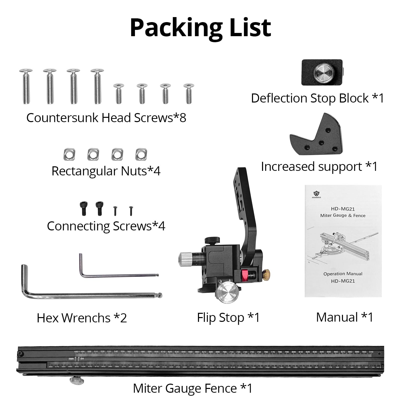 HONGDUI Valla extendida de aluminio de 19 a 36 pulgadas con tope abatible ajustable compatible con HONGDUI MG21 y TB01, para sierra de mesa, carpintería, cinta de lectura dual mm/pulgada, KS22