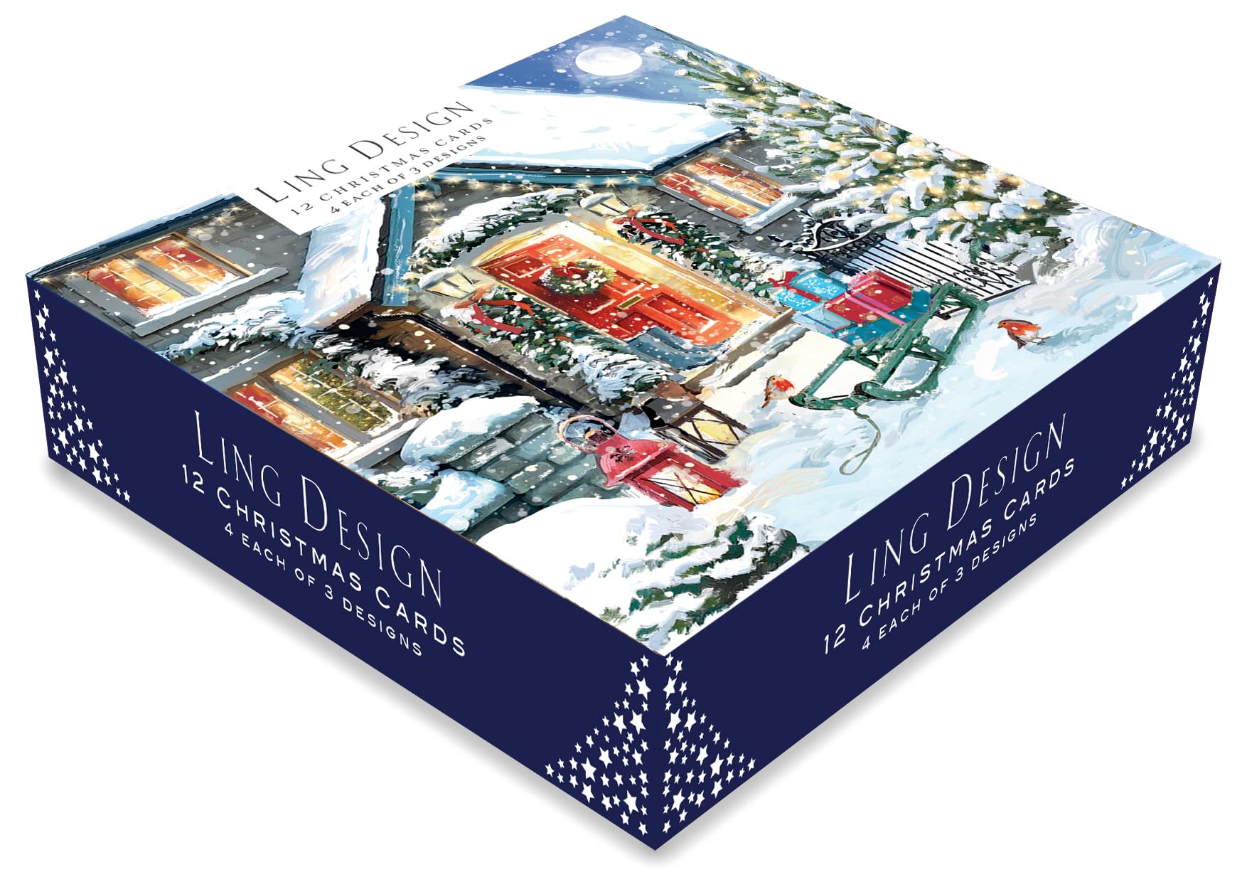 Festive Art Large Deluxe Box of 12 Christmas & New Year Cards in 3 Designs - 160 x 160mm (6.5x6.5in) - Gloss Finish Premium Board - Great British Card Company (Home for Xmas)