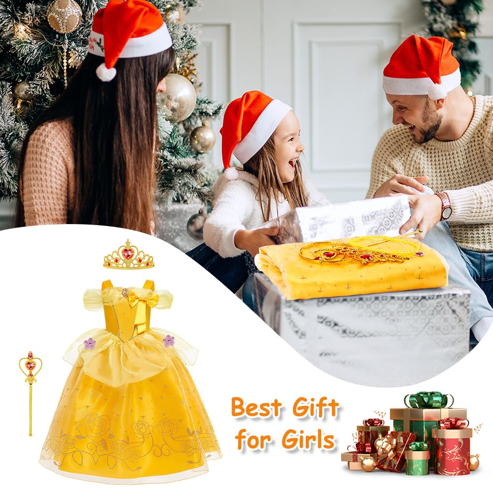 Déguisement de Princesse Belle, Fille Robe de Princesse Belle avec Accessoires, Robe de La Belle et La Bête Enfant, Princesse Costume Enfant pour Anniversaire Fête Partie Carnaval Cosplay