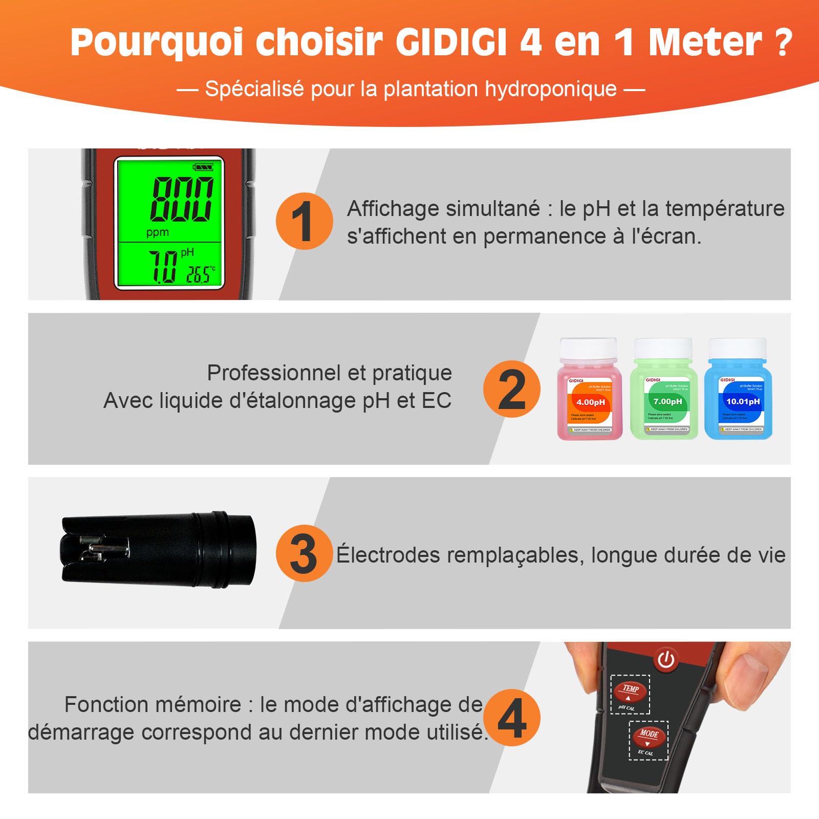 pH-mètre pour Eau hydroponique, testeur de pH numérique, testeur TDS, EC PPM pour nutriments végétaux, conductimètre 4 en 1, Stylo pH pour Eau Potable, Eau de Javel, Plantes d'intérieur