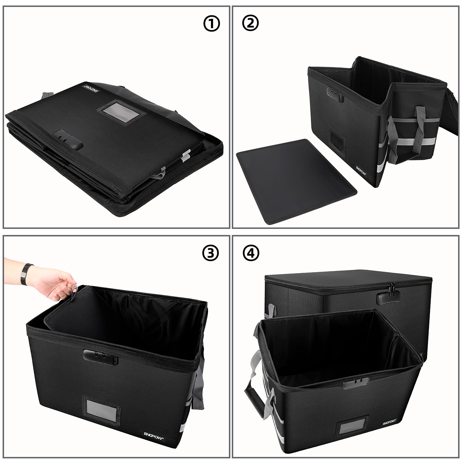ENGPOW Caja de documentos ignífuga de 39,5 x 34 x 25,5 cm, caja de almacenamiento de archivos con cerradura, plegable, organizador de archivos con tapa, portátil, caja de seguridad para colgar