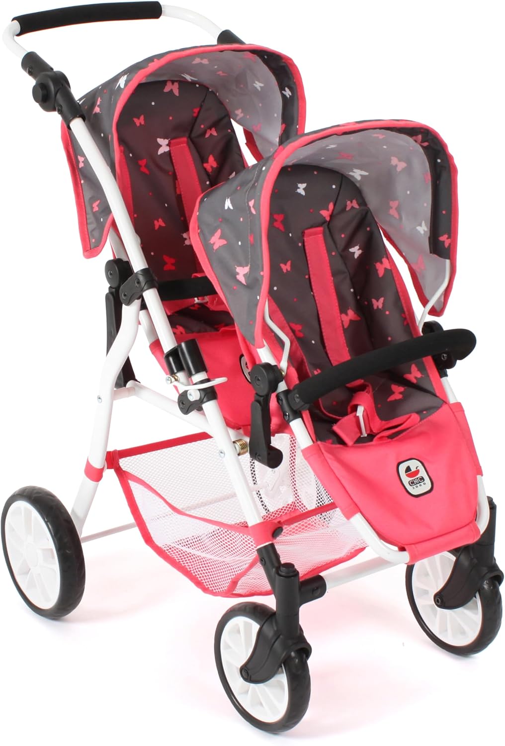 Bayer Chic 2000 - Twinny Doll's Pram, Twin Doll's Pram for Two Dolls, Twin Buggy for Children from 4 to 8 Years, Butterfly, Coral, 691-47