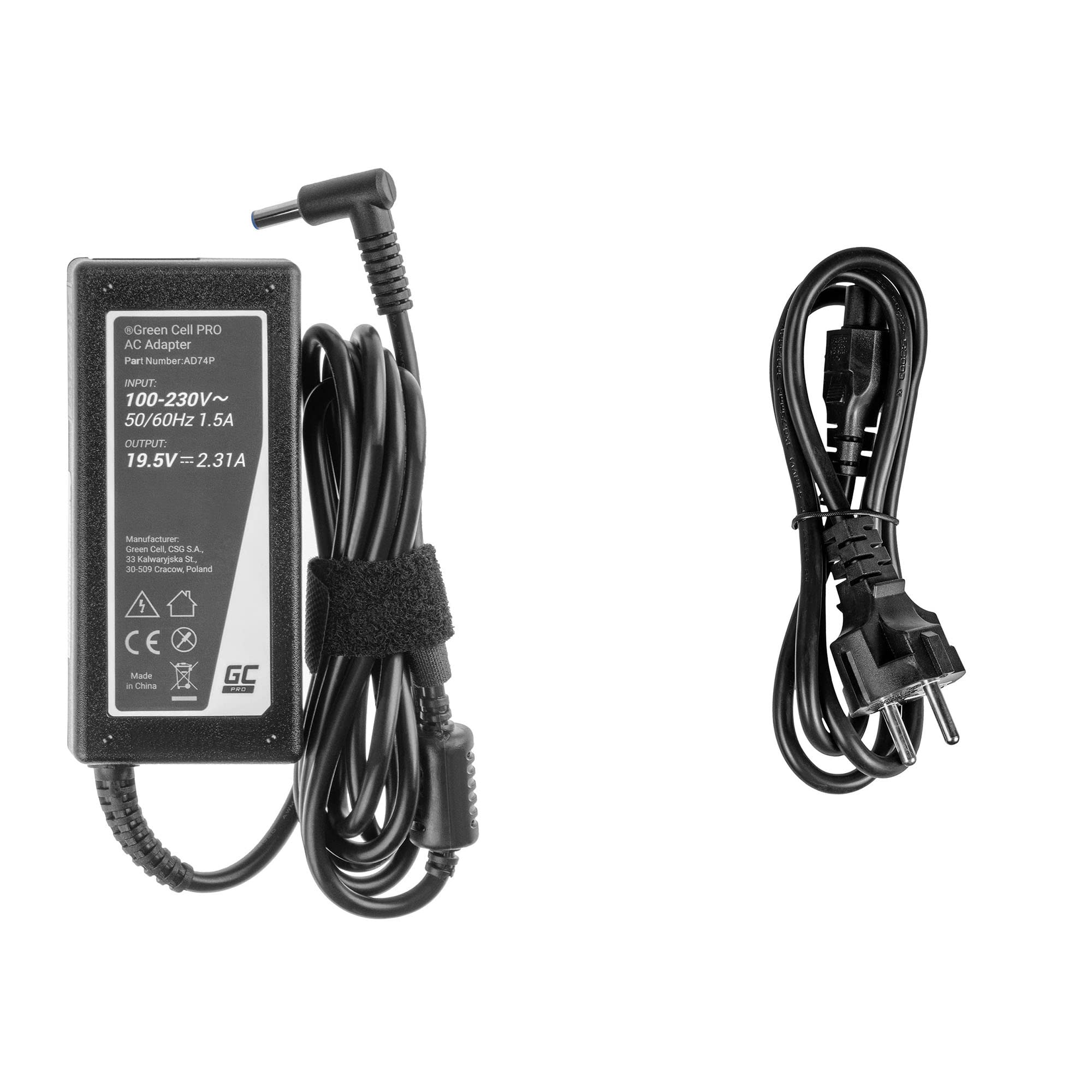 Green Cell Caricatore per laptop HP 250 255 G2 G3 G4 G5, HP ProBook 450 650 G2 G3 G4 con cavo di alimentazione (19.5V 2.31A 45W) colore: nero