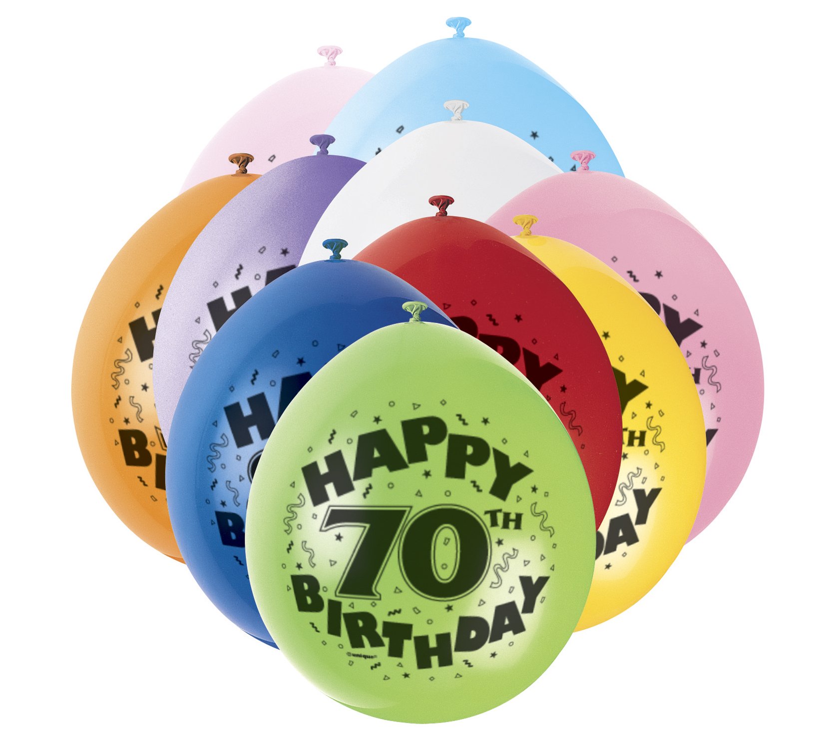 Unique Party Assorted 80317 - 9" Latex Happy 70Th Birthday Balloons, Pack Of 10