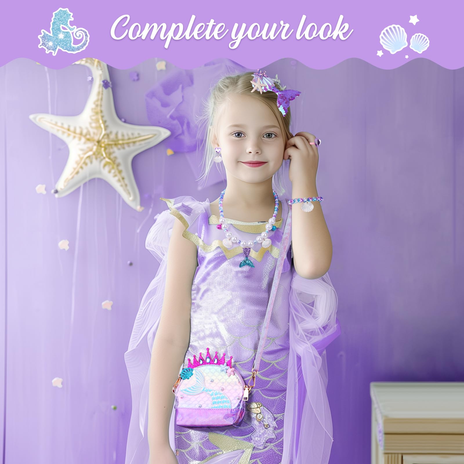 Belle&Birdie Mermaid Coin Purse With Little Girl Jewelry Set,Perfect  Mermaid Toys for Girls 4-6,Includes Necklace,Bracelet,Earrings,Hair 