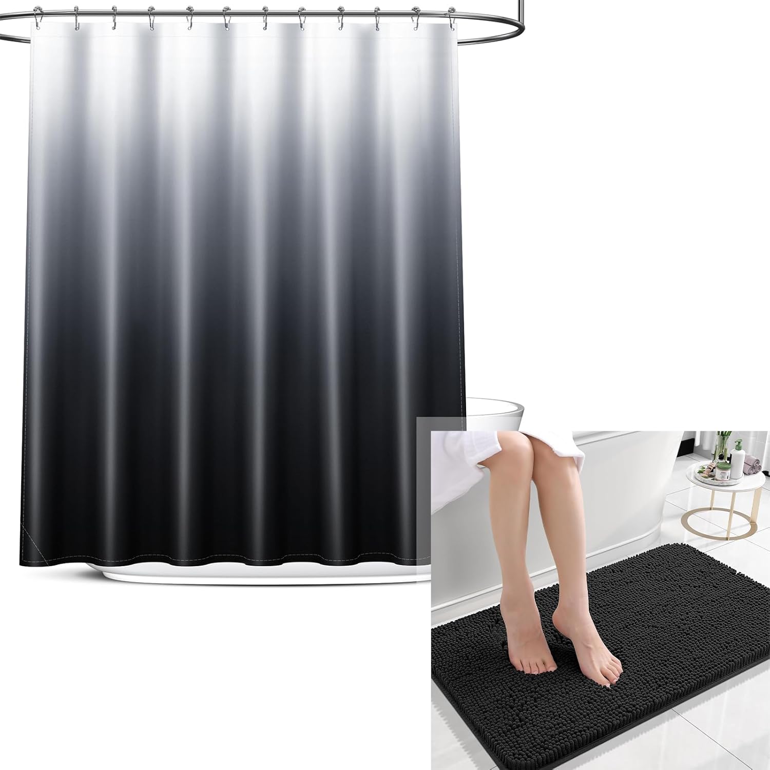 OLANLY Chenille Bath Rug and Shower Curtain, Bath Rug Size 24x16 in Black and Shower Curtain 72x72 in Black Grey, 2 Item Bundle