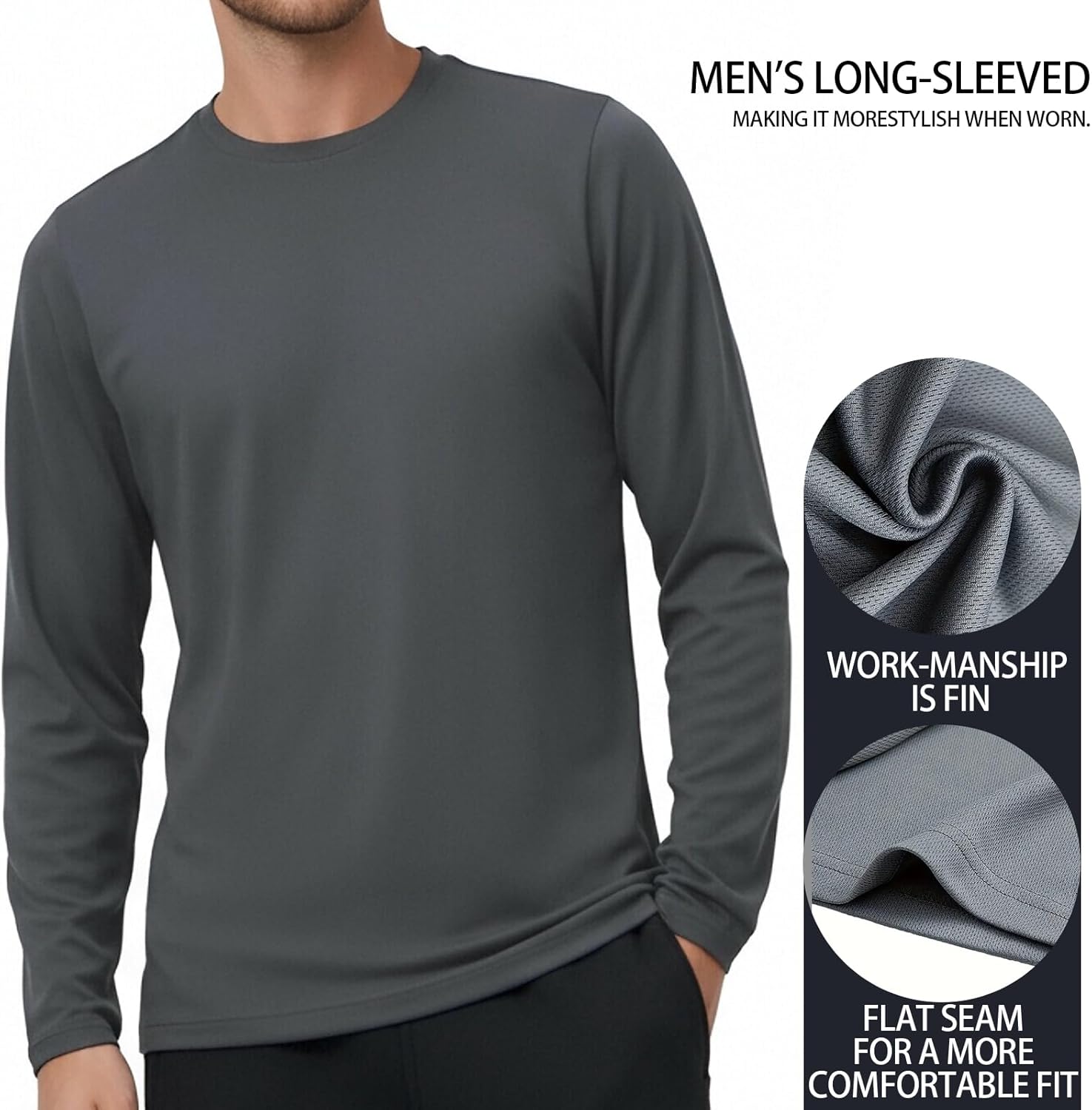 5-Pack Men's Long Sleeve T-Shirts Lightweight Sporty Casual T-Shirts for Running, Cycling, Fishing, UV Protection - Image 6