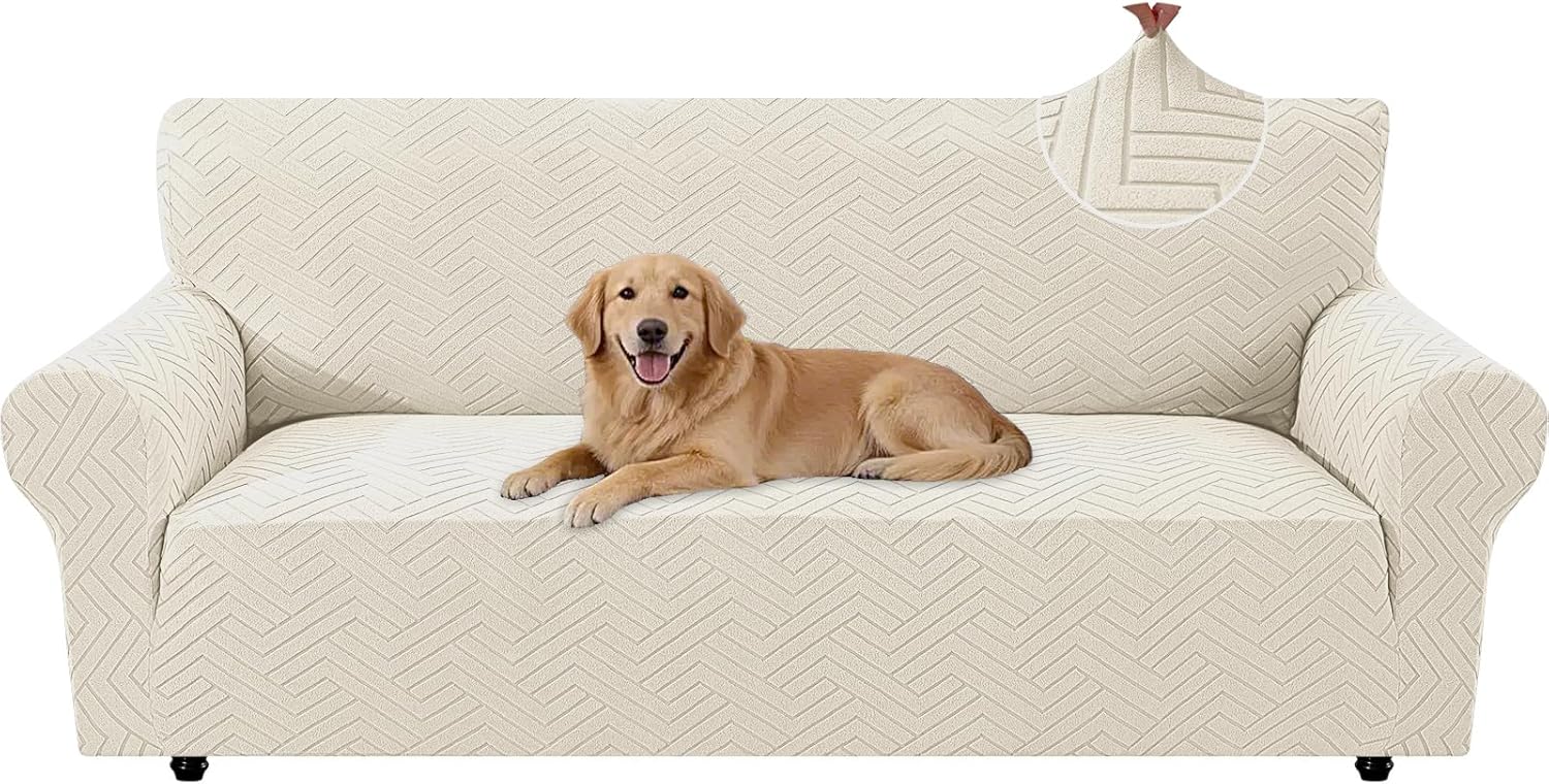 Stretch Sofa Slipcover 3 Cushion Couch Sofa Cover,71"-91" Non Slip Soft Couch Sofa Cover Washable Furniture Protector with Non Skid Foam and Elastic Bottom for Kids, Pets,Beige White