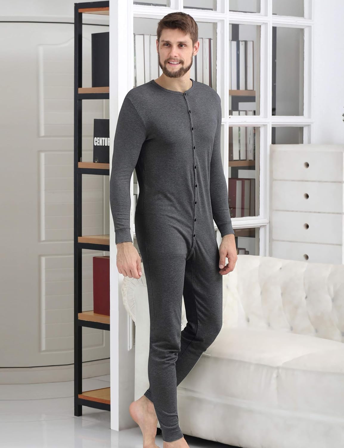 COLORFULLEAF Men's Cotton Thermal Underwear Union Suits Henley Onesies Base Layer - Image 3