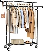 HYSEYY Double Rod Rolling Clothes Rack - 240 LBS Heavy Duty Portable Garment Rack with Wheels, Black Wardrobe for Bedroom Laundry