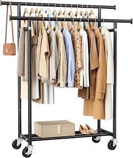 HYSEYY Double Rod Rolling Clothes Rack - 240 LBS Heavy Duty Portable Garment Rack with Wheels, Black Wardrobe for Bedroom Laundry