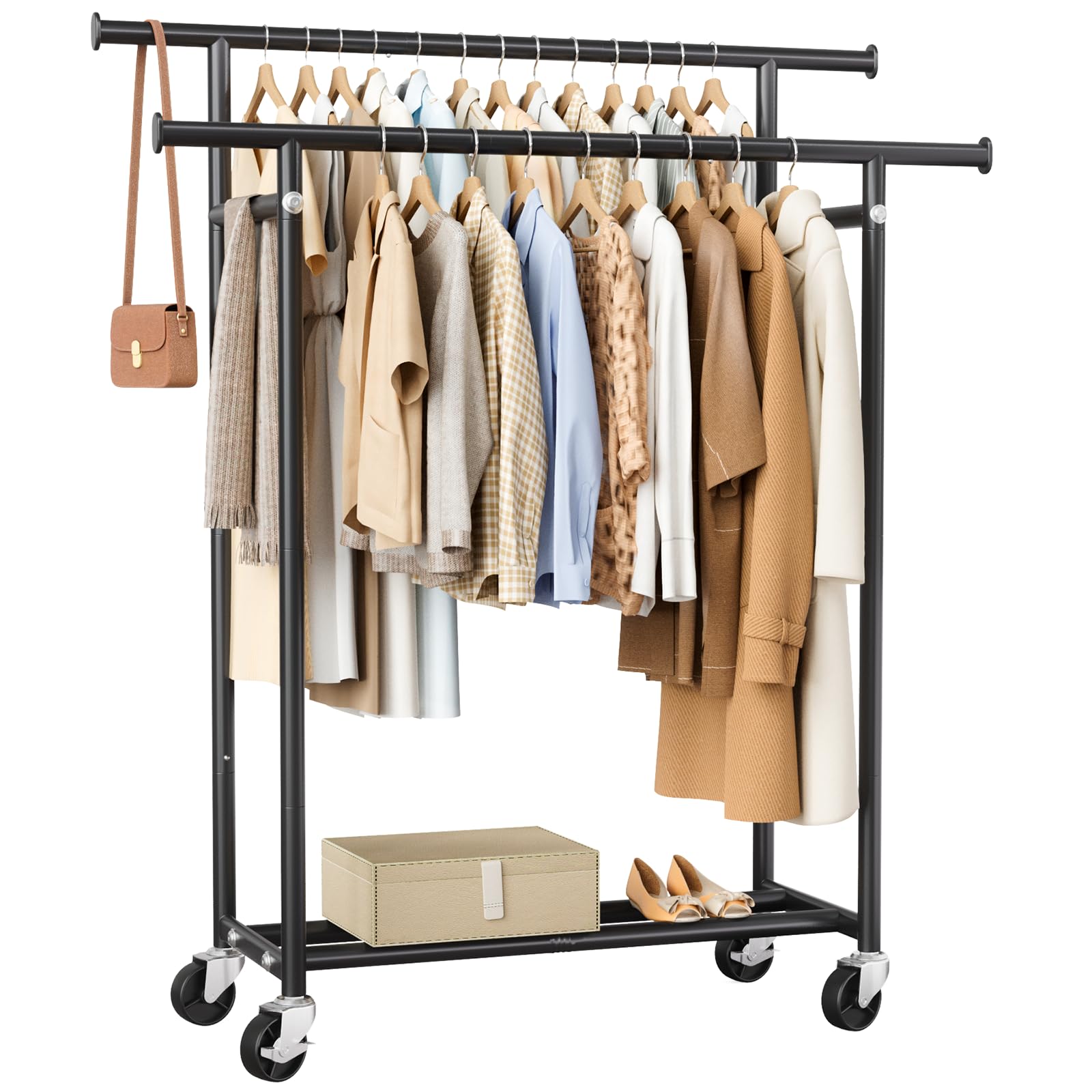 Clothes Rack Double Rods Rolling Clothing Rack for Hanging Clothes Portable Garment Rack with Wheels Coat Rack Wardrobe