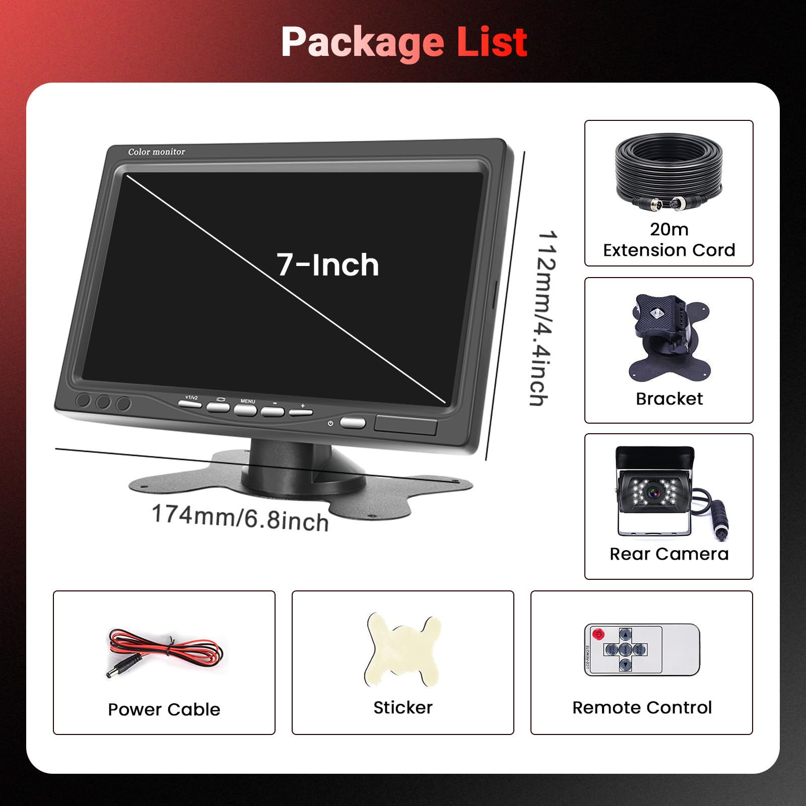 Hikity 12-24V Cámara de Marcha Atrás 7 Pulgadas LCD Monitor, IP68 Impermeable Cámara de Visión Trasera, Visión Nocturna Camara Trasera de Coche para Camiones, RV, Furgonetas, Caravanas