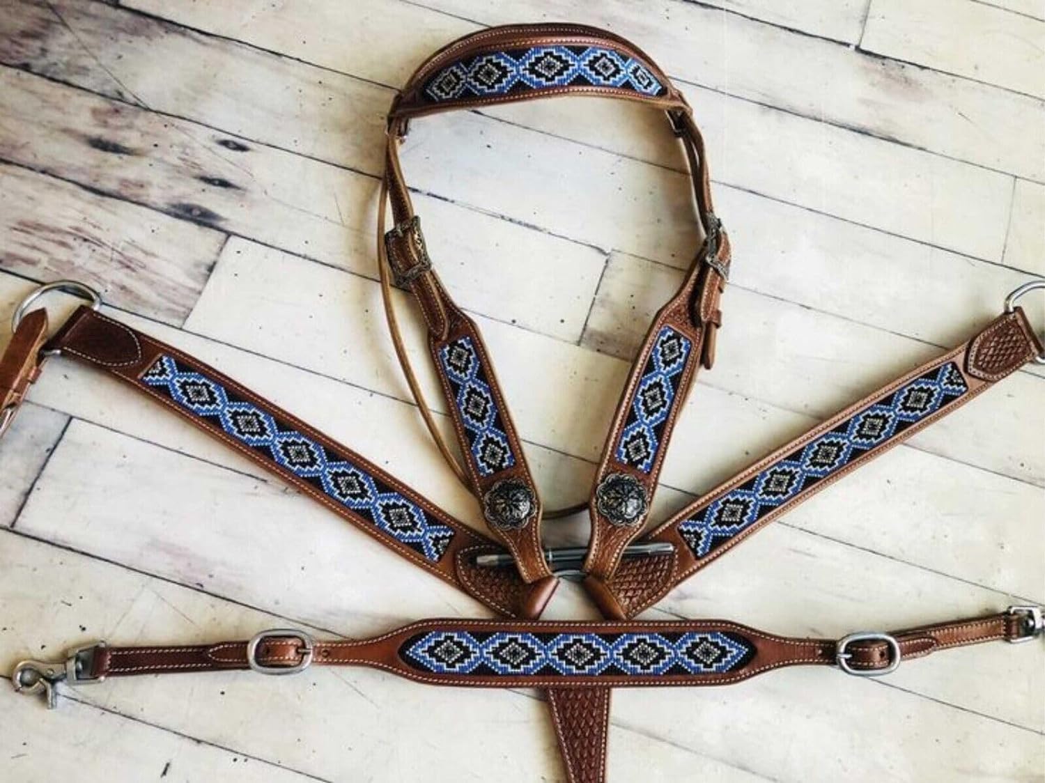 Western Leather Hand Tooled Headstall and Breast Collar Set with Reins. /Size-Full,Cob,Pony AM-28