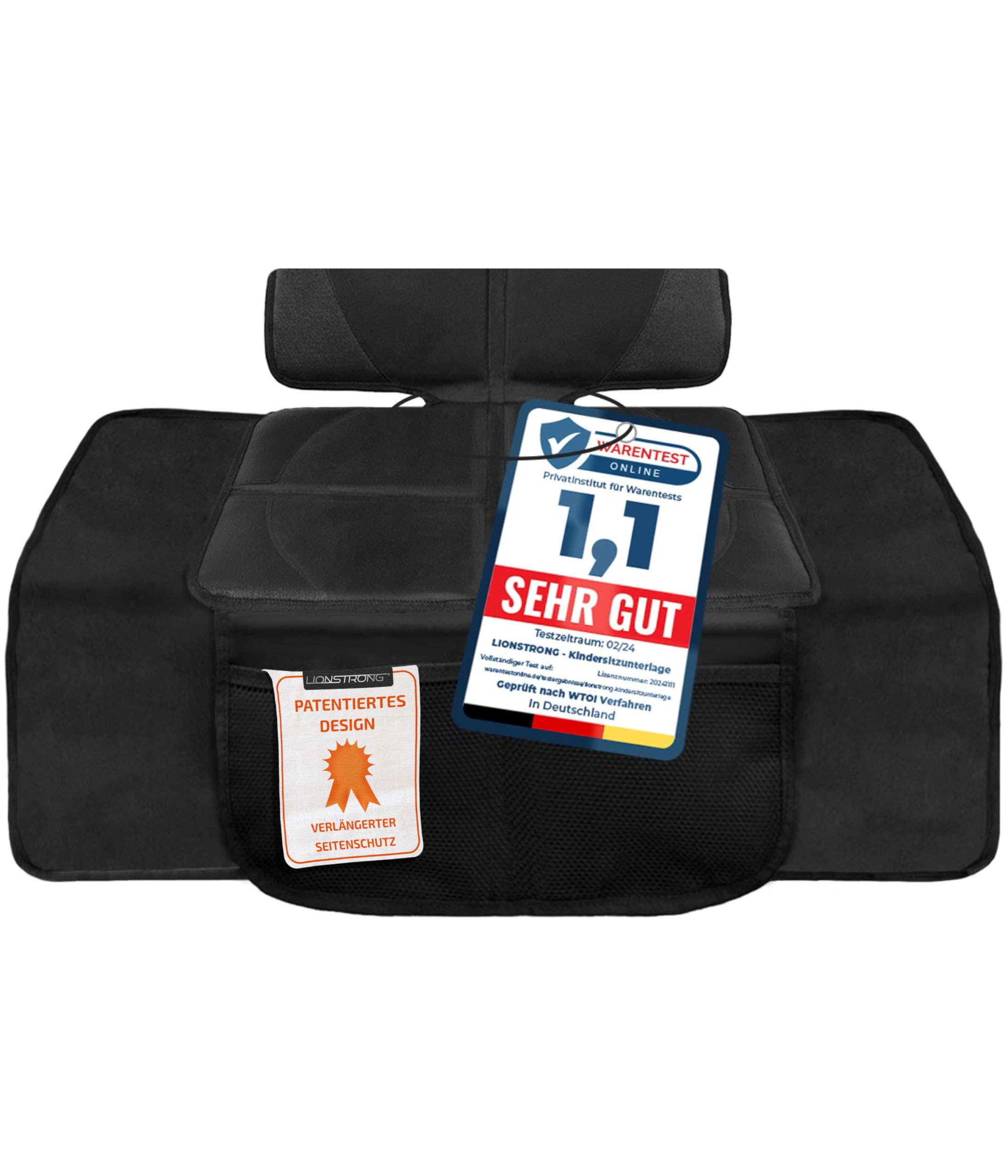 LIONSTRONG® Kindersitzunterlage - EXTRA Schutz [ISOFIX GEEIGNET] - wasserabweisender Autositzschoner Polyester Stoff - Sitzschutz Sitzschoner Auto Kindersitz - universell kompatibel - Schwarz klein