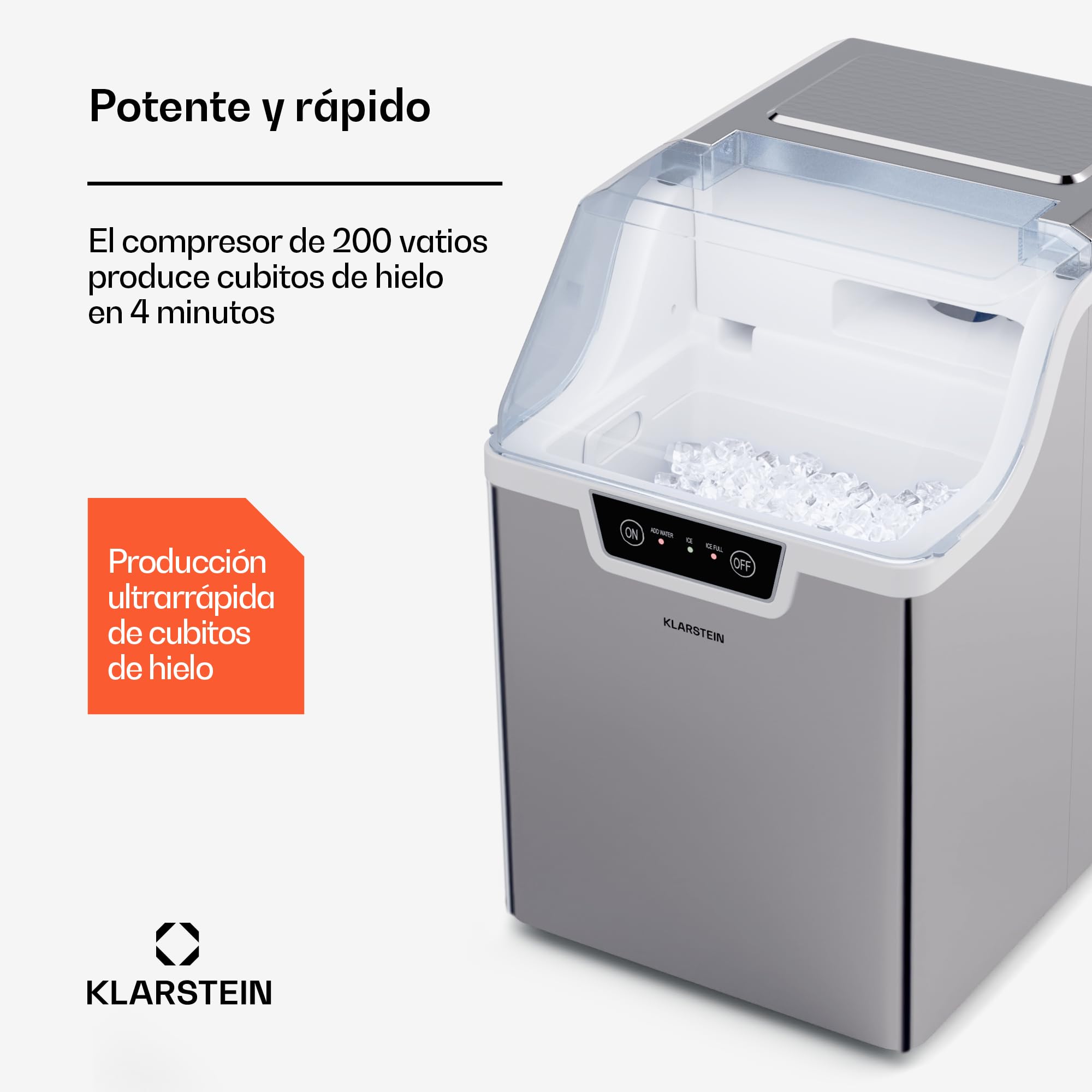 Klarstein Maquina de Hielo para Casa 200W, Ice Maker 15 kg, Maquina para Hacer Cubitos de Hielo Portátil Domestica para Casa Rápida, Ice Maker Machine con Alarma Seguridad