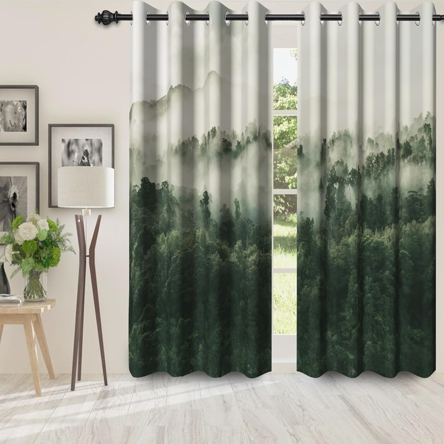 Green Forest Blackout Curtains for Bedroom/Living Room,2 Panels Sets Blackout Window Curtain,Simple Stylish Woodland Mountain Forest Thermal Insulated Printed Curtains with Grommet,42" Wx84 L