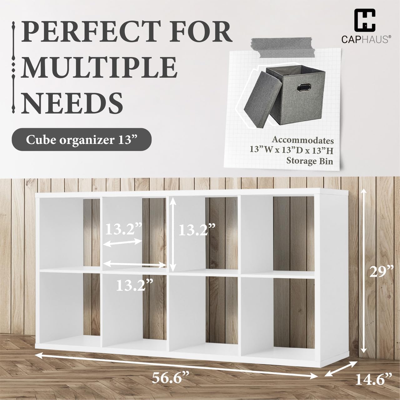 Detailed diagram showing the dimensions of the CAPHAUS 8-Cube Storage Organizer Shelf, including overall width, depth, height, and individual cube dimensions.