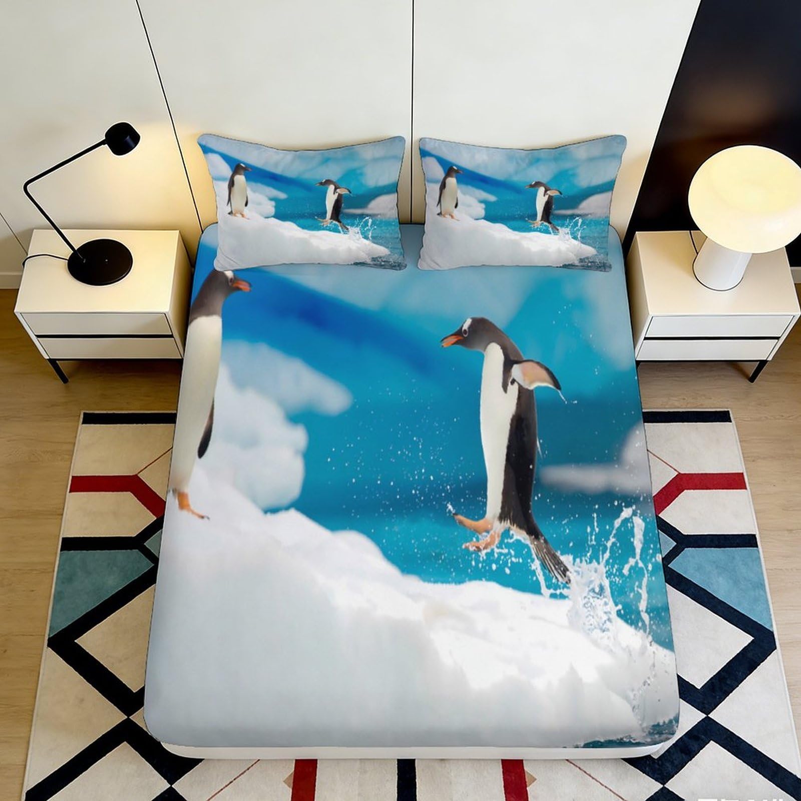 Jqzkxnhpbr Style-10 3D Printed Penguin Ice Fitted Sheet Microfiber Soft Breathable Arctic Ocean Bed Cover For Bedroom Guest Room Decor 90X200x25cm