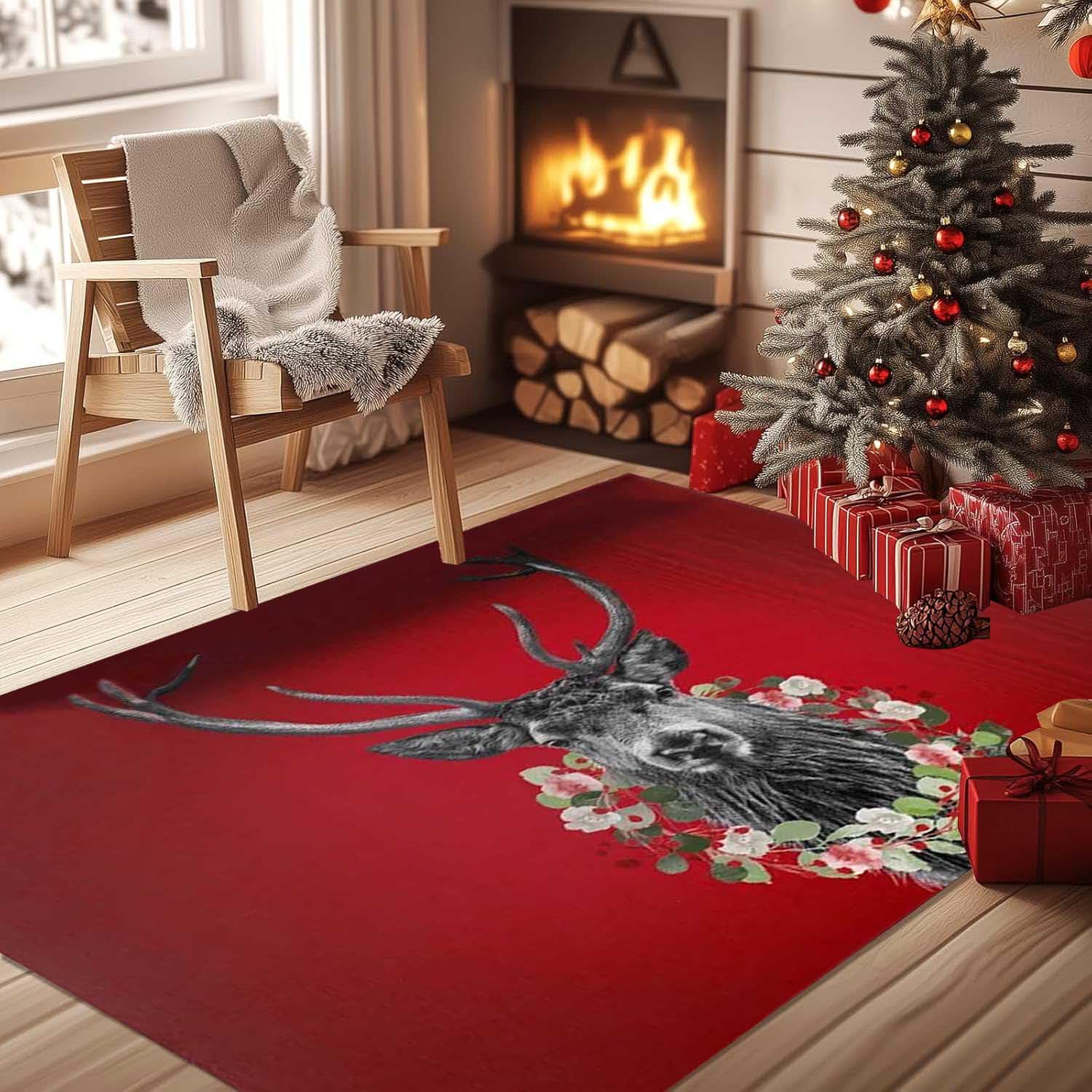 Alfombra de Navidad con Patrón de Alce, Grande Alfombras Lavables Salon de Navidad, Alfombras Comedor Decorativa, Alfombra Antideslizante Cocina Navideño, Alfombra Roja de Navidad,140x200cm