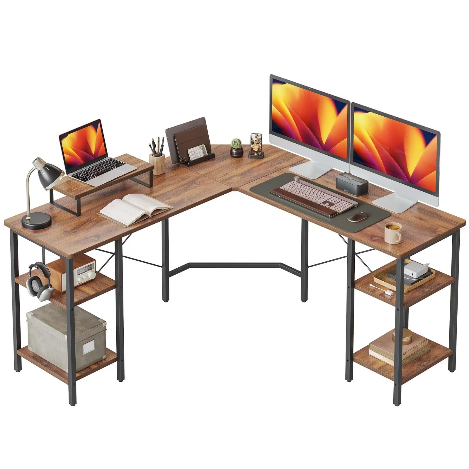 CubiCubiCorner Desk with Storage Shelves 150 * 150 * 50cm L Shaped Computer Office Desk Study Writing Table, Deep Brown
