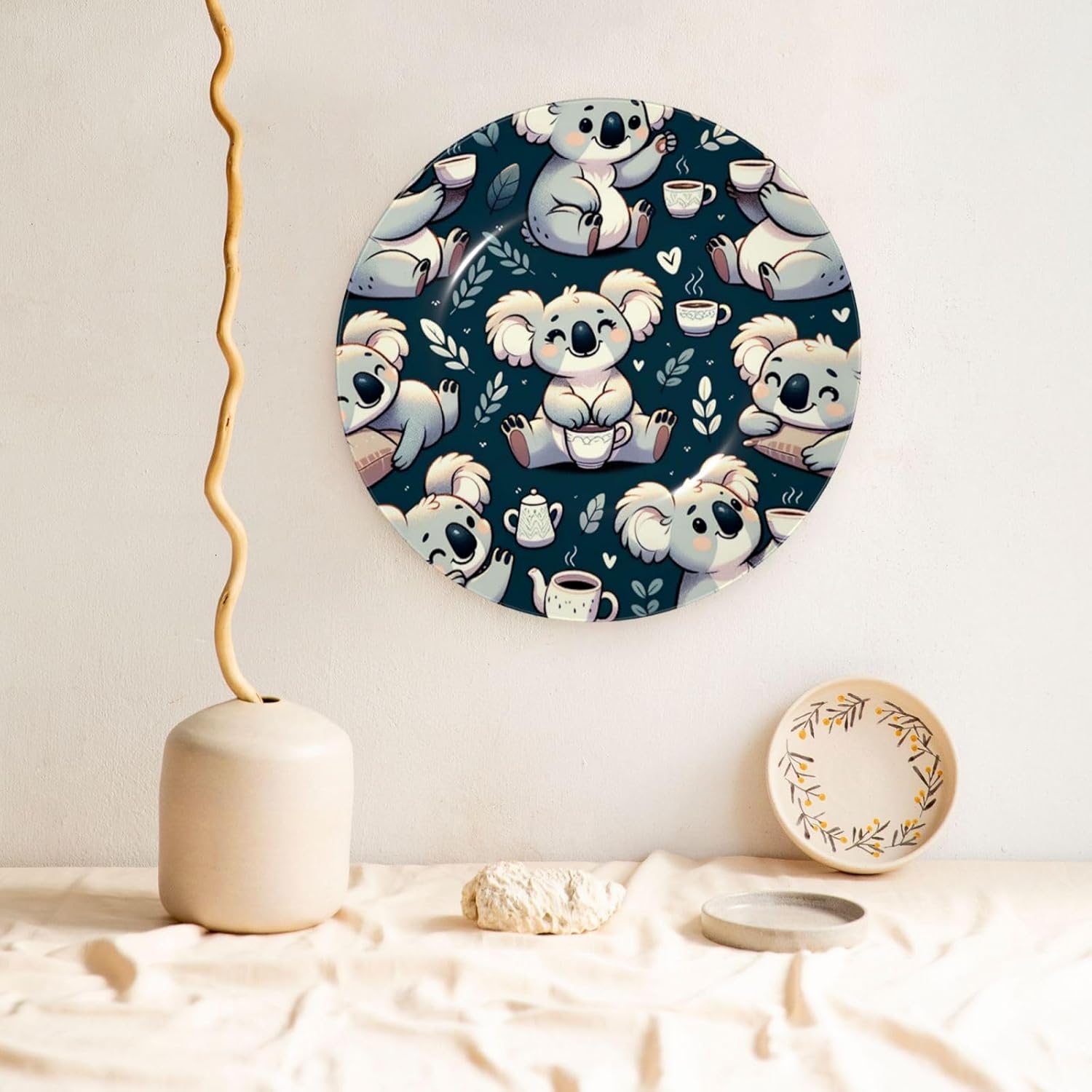 Koala-Drinking-Tea 10 Inch Decorative Plate With Stand, Elegant Display Wall Plate For Home Decor