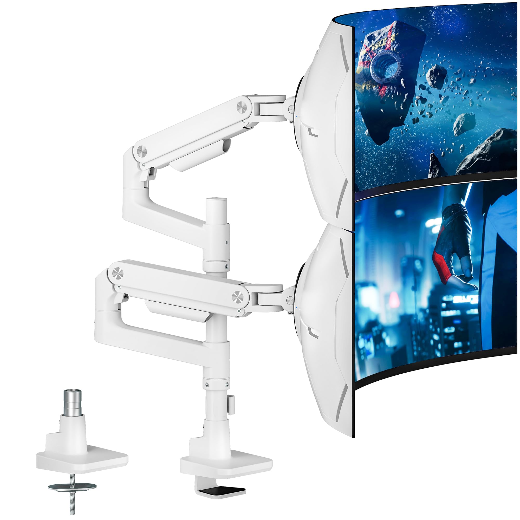 ARES WING Monitorhalterung 2 Monitore für 17-49 Zoll Bildschirme, Monitor Halterung vertikal mit Gasfeder, Höhenverstellbar Schwenkbar Monitor Halterung, Max 20 kg/arm, Monitor arm Weiß