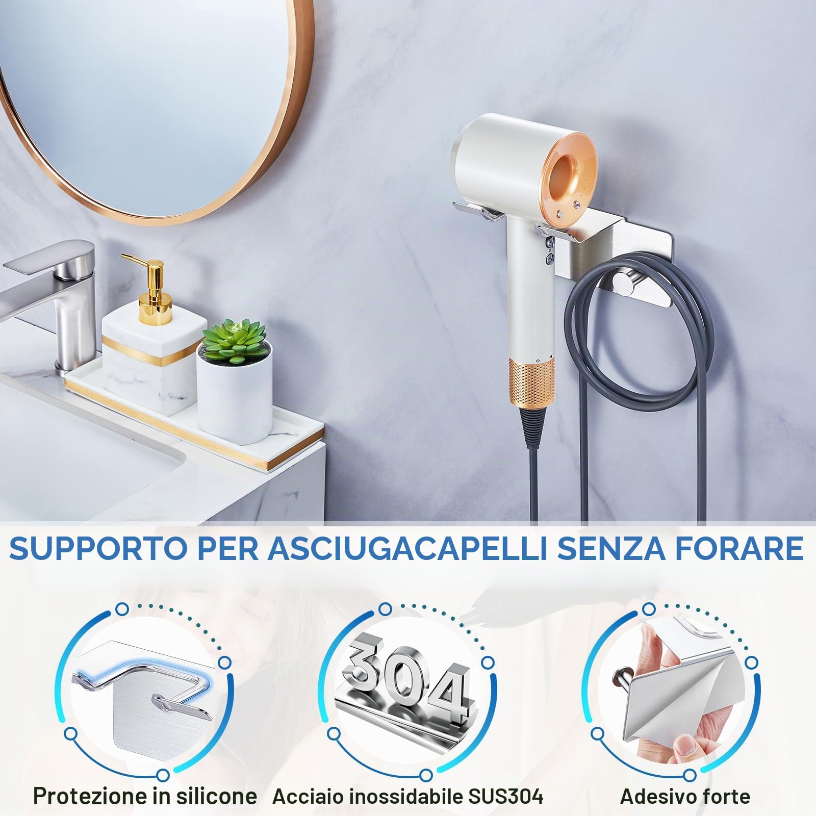 Porta Asciugacapelli da Parete, Porta Phon da Muro Supporto Phon da Parete Metallo,Supporto Adesivo per Asciugacapelli da Appendere per Armadietto Bagno Camera da Letto Barbieri (Argento)