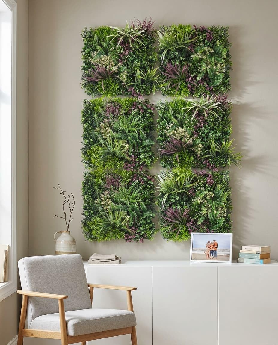 JELLE & JACOB Künstliche Pflanzenwand Indoor & Outdoor, Blumenwand Urban Jungle, 6er Set je 50x50 cm, pflegeleicht & langlebig - für Wohlfühl-Atmosphäre, Kunstpflanzen Wand, Green Wall, Pflanzen Wand