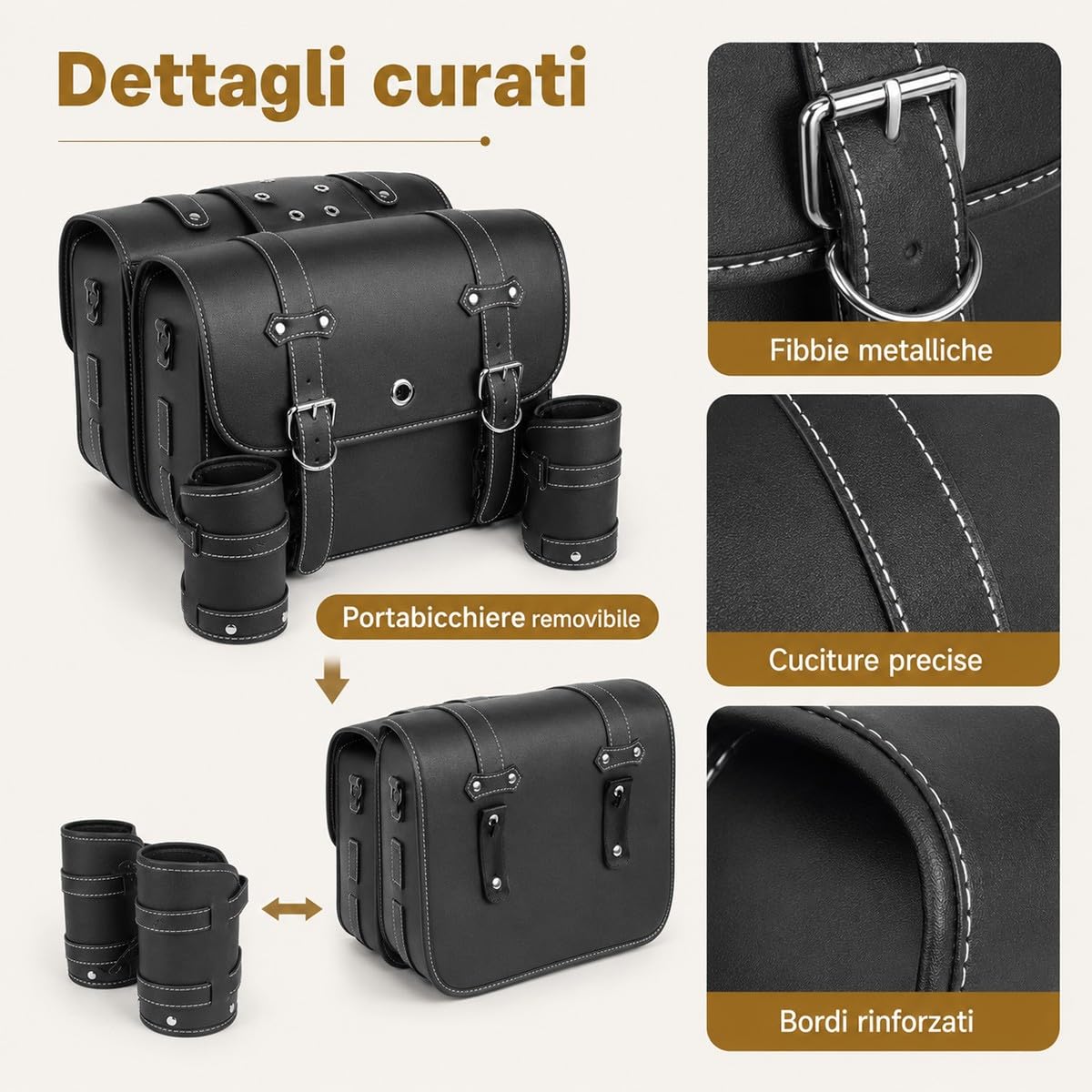 Borse Laterali Moto Grandi Coppia 32 x 13 x 25 cm, Borse Moto in Pelle PU con Portabicchieri E Staffe Metalliche, Borse Laterali Universali per Cruiser Scooter E Bike