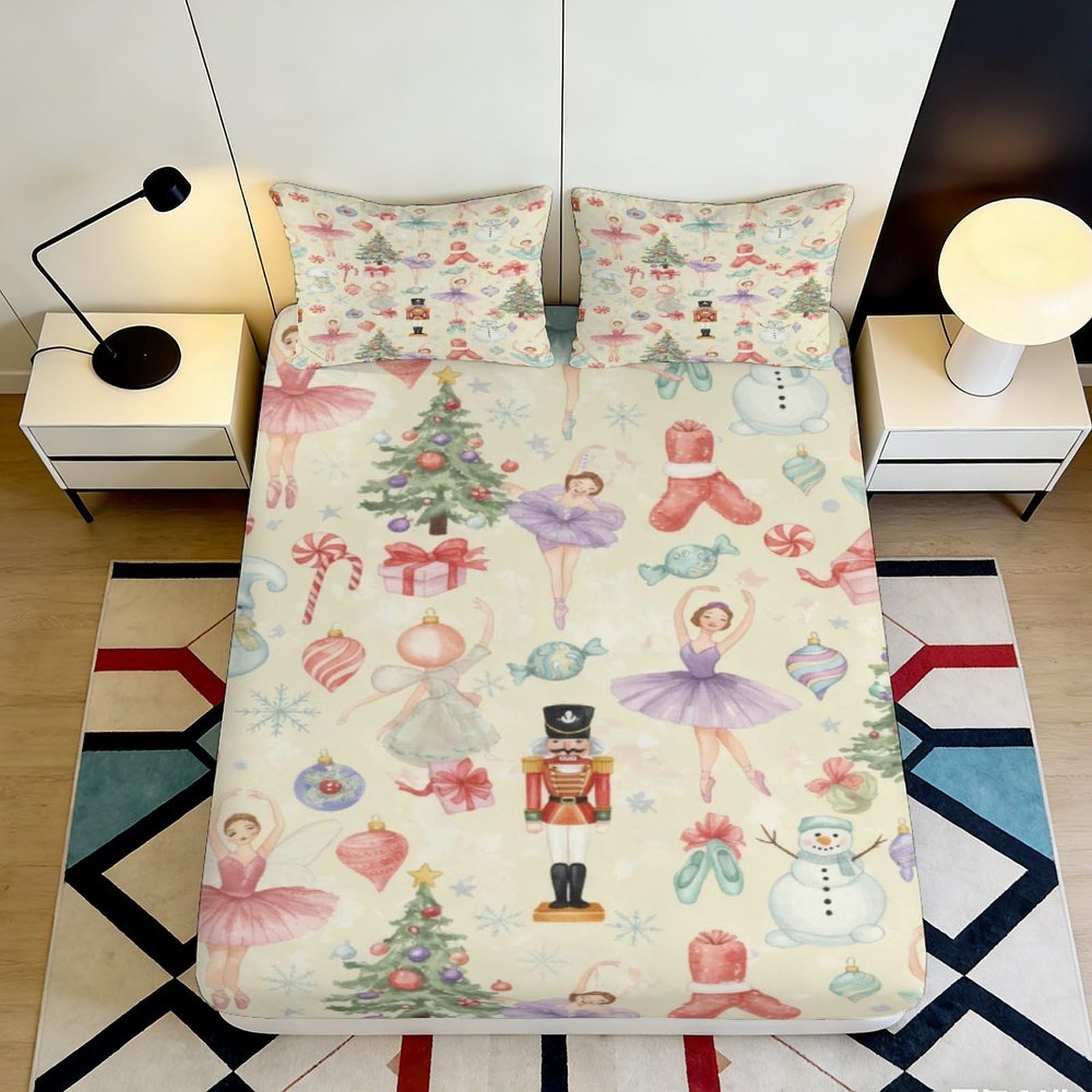 3D Printed Nutcracker Ballet Fitted Sheet Microfiber Soft Christmas Tree Mattress Cover for Bedroom Guest Room Decor 200x200x25cm