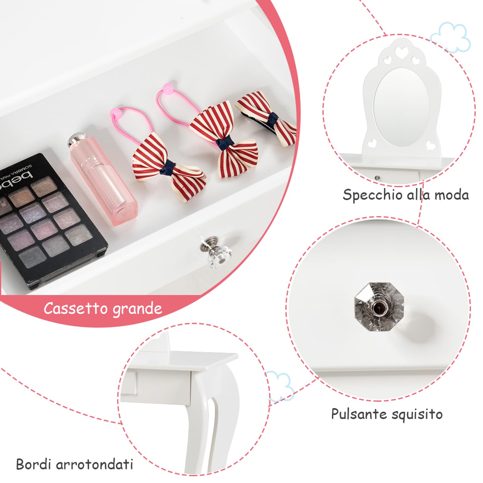 COSTWAY 2 in 1 Toeletta Trucco per Bambina 3+ Anni, Postazione Trucco Bambina con Specchio ad Alta Definizione Rimovibile, Set in Legno con Sgabello, Cassetto e Dispositivo Anti-ribaltamento (BIANCO)