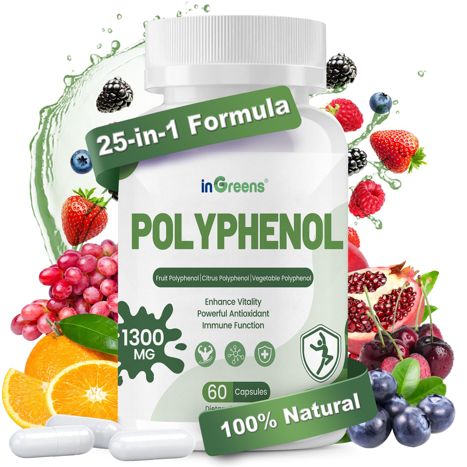 inGreens 25-in-1 Polyphenols Supplement, Quercetin, Resveratrol 60 Capsules 60 Count (Pack of 1)