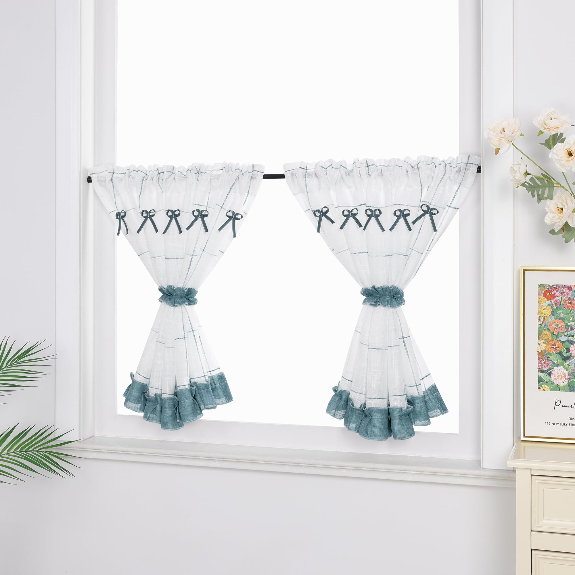 Landhausstil Scheibengardine Mit Leinenoptik – Transparent, 140x35 Cm, Grün | Küchengardine Mit Raffhalterung