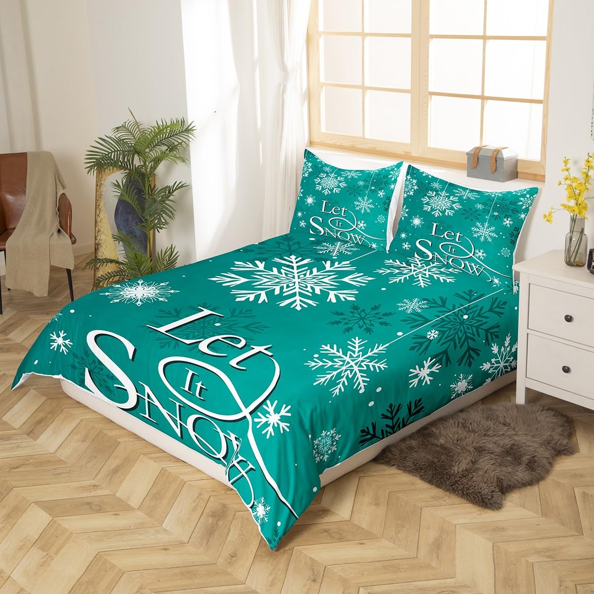 Teal Snowflake Duvet Cover Queen Size,Geometric Snowflakes Comforter Cover with 2 Pillowcase for Teens,Cold Winter Bedding Set,Merry Christmas Breathable 3 Pcs Decorative Bed Cover(No Comforter)