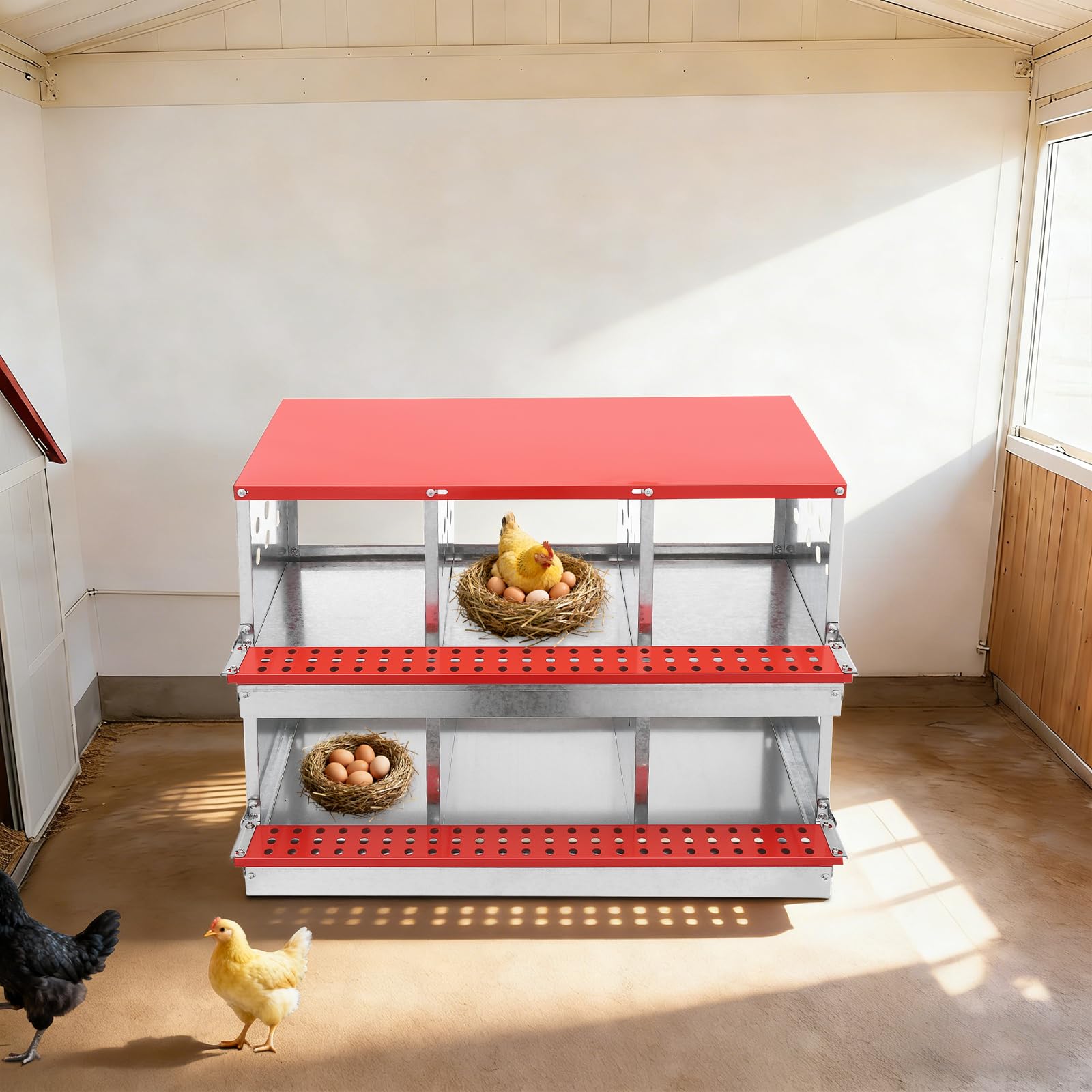 Nido para pollos, 6 compartimentos, nido galvanizado con nido de huevo y bandeja automática de huevos, aireado e inoxidable, nido de 2 niveles para gallinero, accesorios para gallinas ponedoras